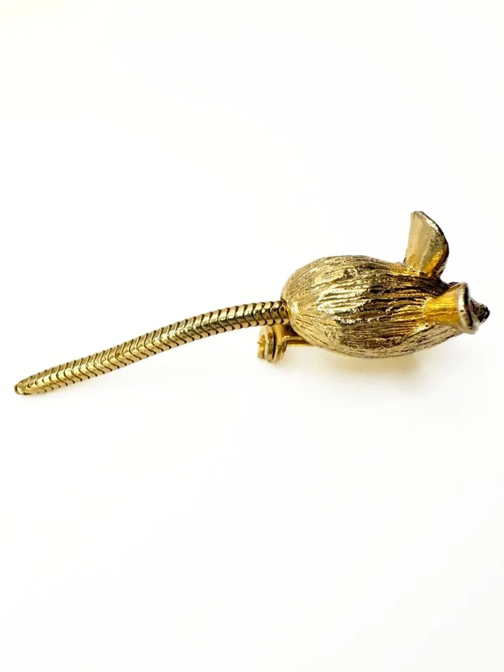Vintage Mouse Brooch with Red Rhinestone Eyes and Articulated Tail